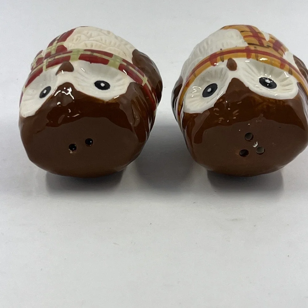 Pier 1 One Owl Design‎ Salt Pepper Shakers Winter Scarves Brown 3